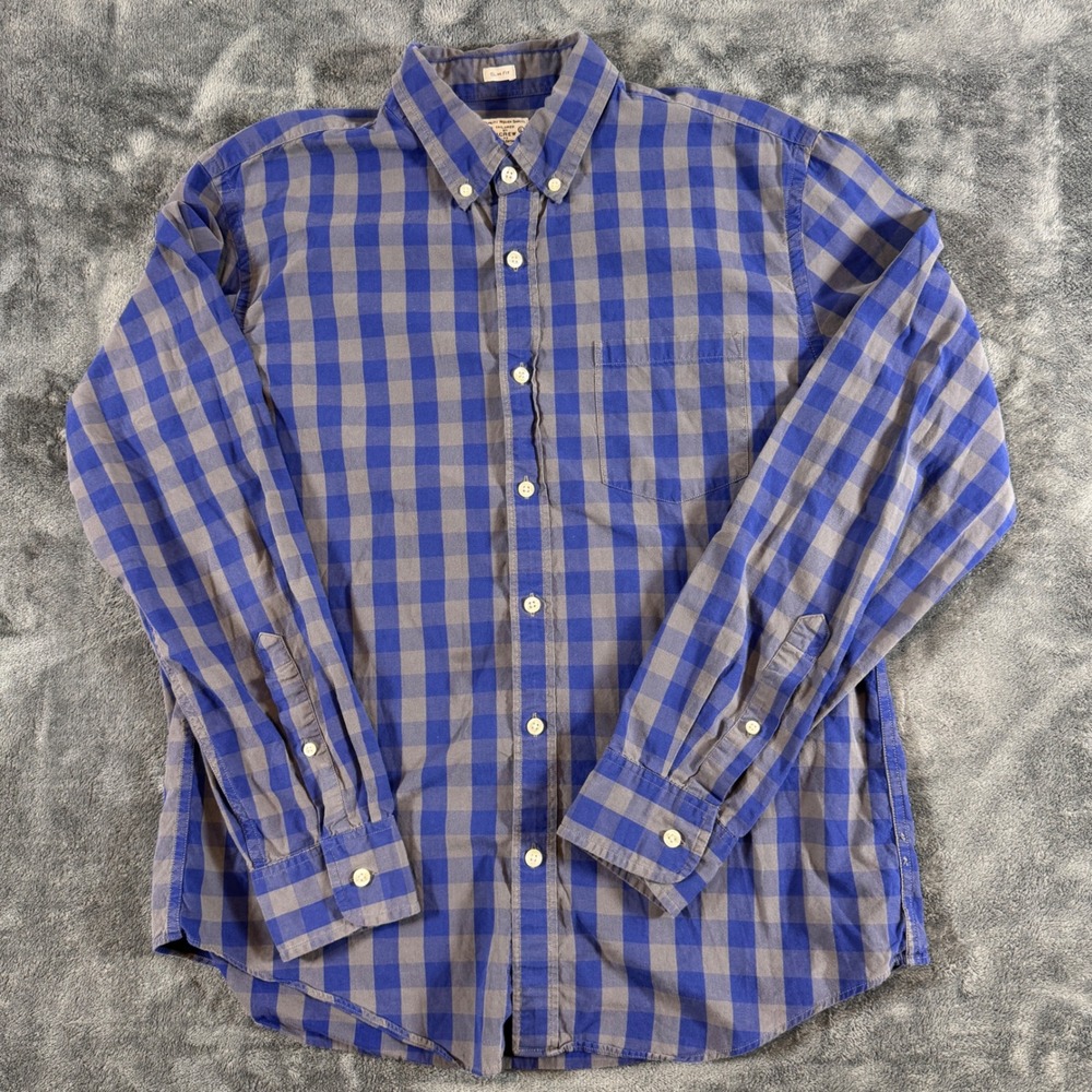 J.Crew Mens Shirt Large Button Up Slim Fit Blue Grey Buffalo Check Plaid Cotton - Picture 1 of 7